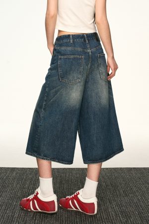 Vintage Washed Distressed Denim Shorts for Women - Loose-Fitting Three-Quarter Straight-Leg Wide-Leg Summer Style