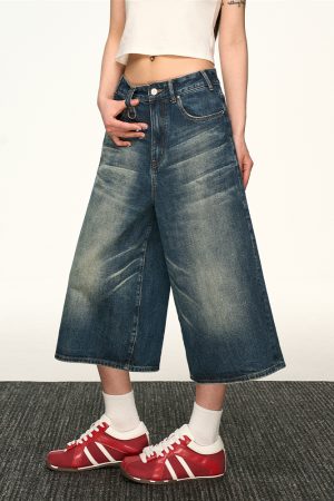 Vintage Washed Distressed Denim Shorts for Women - Loose-Fitting Three-Quarter Straight-Leg Wide-Leg Summer Style