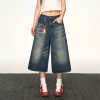 Vintage Washed Distressed Denim Shorts for Women - Loose-Fitting Three-Quarter Straight-Leg Wide-Leg Summer Style