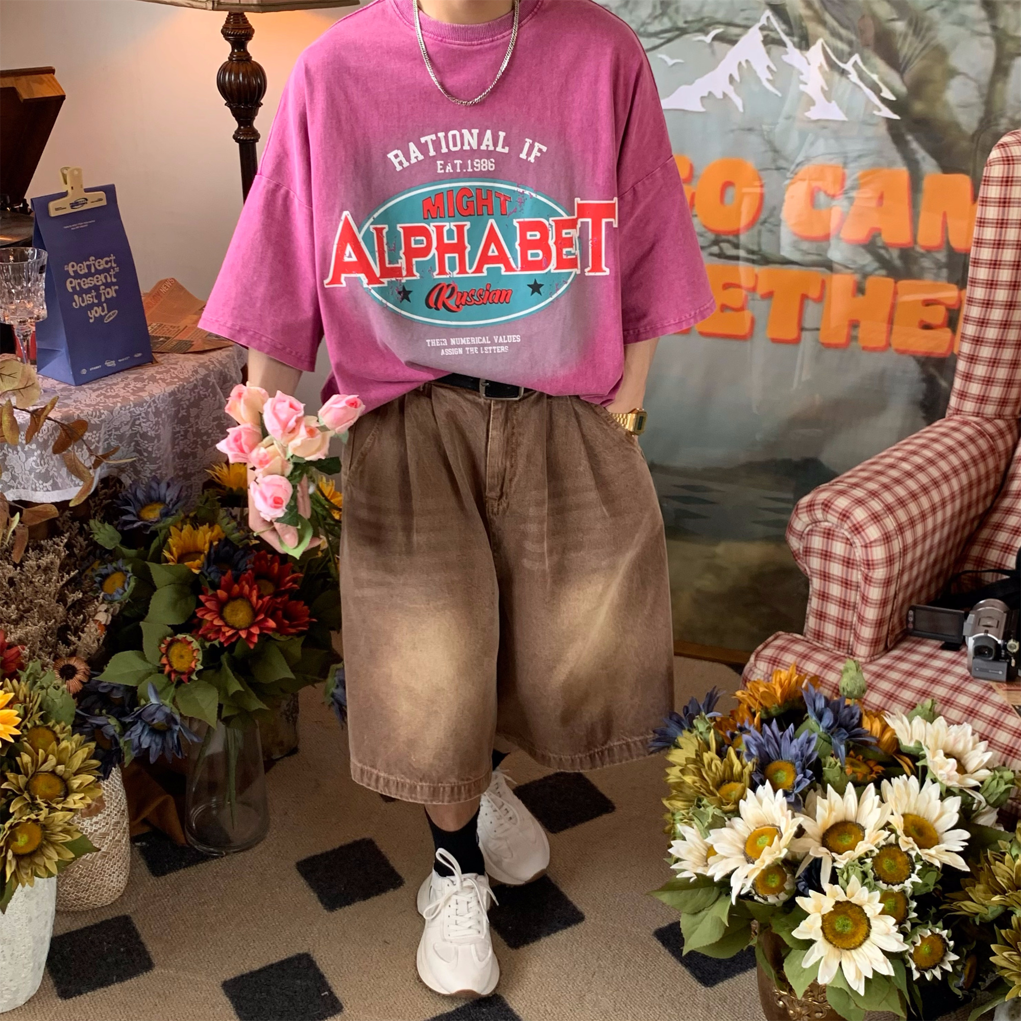 Vintage Washed Distressed T-Shirt for Couples - Heavy-Duty Loose Fit Summer Top - Trendy 90s Style Short Sleeve Tee Vintage Washed Distressed T-Shirt for Couples - Heavy-Duty Loose Fit Summer Top - Trendy 90s Style Short Sleeve Tee