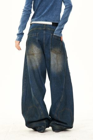 Vintage Washed Ripped Wide-Leg Jeans for Women - High-End Loose Floor-Length Denim Trousers, 90s Inspired Style