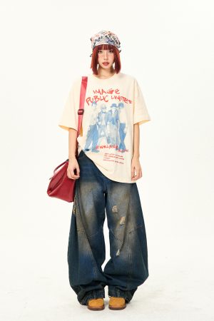Vintage Washed Ripped Wide-Leg Jeans for Women - High-End Loose Floor-Length Denim Trousers, 90s Inspired Style