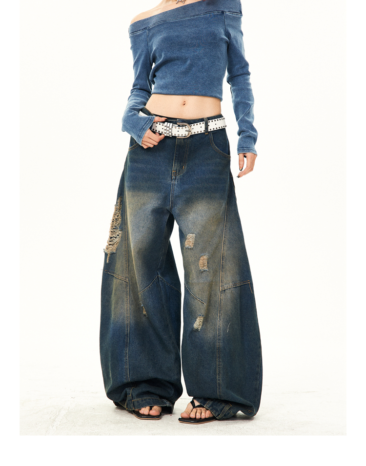 Vintage Washed Ripped Wide-Leg Jeans for Women - High-End Loose Floor-Length Denim Trousers, 90s Inspired Style Vintage Washed Ripped Wide-Leg Jeans for Women - High-End Loose Floor-Length Denim Trousers, 90s Inspired Style