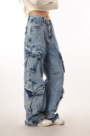 Vintage Washed Wide Pocket Casual Straight-Leg Flared Work Pants for Women - 90s Inspired American Style