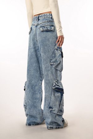 Vintage Washed Wide Pocket Casual Straight-Leg Flared Work Pants for Women - 90s Inspired American Style