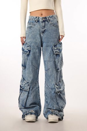 Vintage Washed Wide Pocket Casual Straight-Leg Flared Work Pants for Women - 90s Inspired American Style