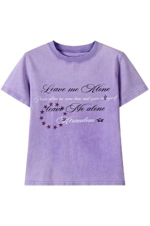 Vintage Water-Wash Casual T-Shirt with Printed Round Neck and Flutter Sleeves - Slightly Fitted Retro Style for Effortless Chic