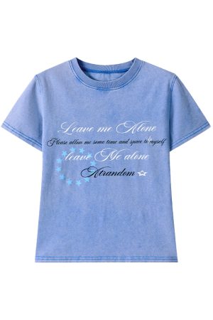 Vintage Water-Wash Casual T-Shirt with Printed Round Neck and Flutter Sleeves - Slightly Fitted Retro Style for Effortless Chic