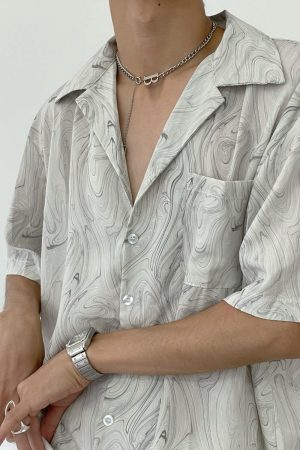 Vintage Wave Pattern Ice Silk Short Sleeve Shirt for Men, Loose Casual Cuban Collar Beach Shirt - Summer Style