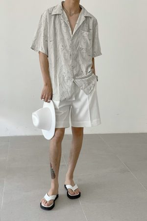 Vintage Wave Pattern Ice Silk Short Sleeve Shirt for Men, Loose Casual Cuban Collar Beach Shirt - Summer Style