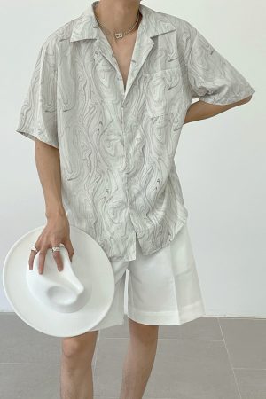 Vintage Wave Pattern Ice Silk Short Sleeve Shirt for Men, Loose Casual Cuban Collar Beach Shirt - Summer Style
