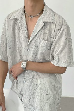Vintage Wave Pattern Ice Silk Short Sleeve Shirt for Men, Loose Casual Cuban Collar Beach Shirt - Summer Style