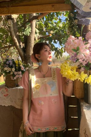 Vintage Wheat Field Dream Embroidered Linen Cotton Short Sleeve Square Neck Top Women's Summer T-Shirt Blouse Y2K Style