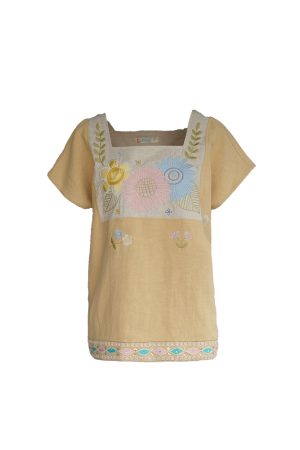 Vintage Wheat Field Dream Embroidered Linen Cotton Short Sleeve Square Neck Top Women's Summer T-Shirt Blouse Y2K Style