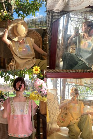 Vintage Wheat Field Dream Embroidered Linen Cotton Short Sleeve Square Neck Top Women's Summer T-Shirt Blouse Y2K Style
