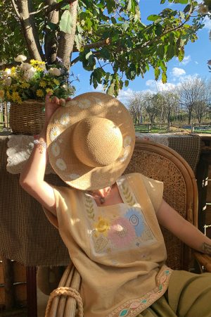 Vintage Wheat Field Dream Embroidered Linen Cotton Short Sleeve Square Neck Top Women's Summer T-Shirt Blouse Y2K Style