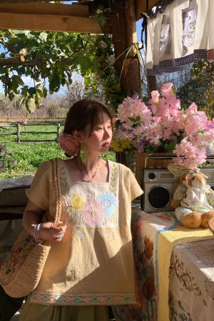 Vintage Wheat Field Dream Embroidered Linen Cotton Short Sleeve Square Neck Top Women's Summer T-Shirt Blouse Y2K Style
