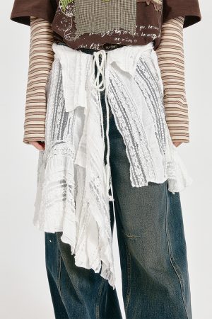 Vintage White Lace Irregular Hem Skirt for Women, Adjustable Straps, Versatile Layering Piece, Perfect for 90s and Y2K Style