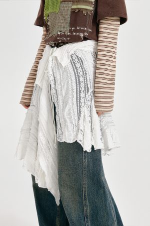 Vintage White Lace Irregular Hem Skirt for Women, Adjustable Straps, Versatile Layering Piece, Perfect for 90s and Y2K Style