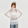 Vintage White Lace Stand Collar Shirt for Women - Loose Slightly Sheer Hollow Floral Top in American Style, Perfect for Y2K Fashion