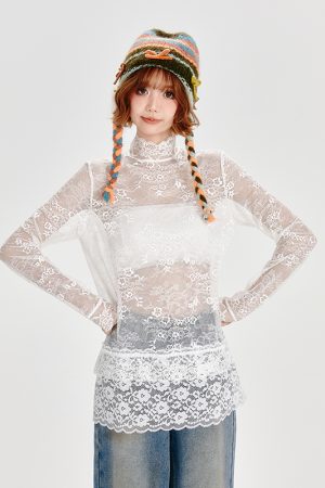 Vintage White Lace Stand Collar Shirt for Women - Loose Slightly Sheer Hollow Floral Top in American Style, Perfect for Y2K Fashion