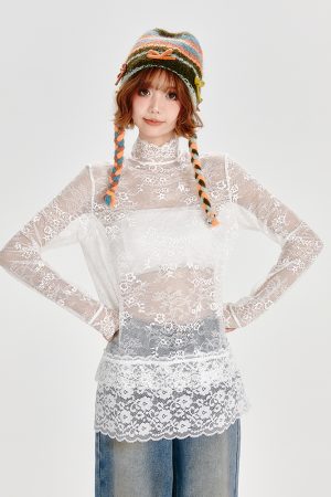 Vintage White Lace Stand Collar Shirt for Women - Loose Slightly Sheer Hollow Floral Top in American Style, Perfect for Y2K Fashion