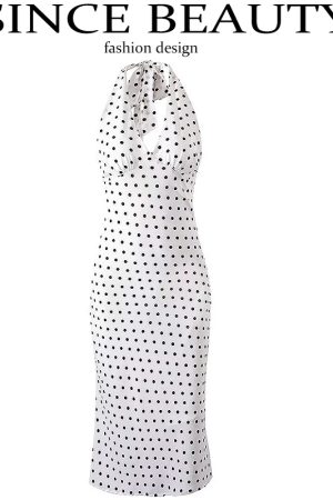 Vintage White Polka Dot Halter Neck Dress for Women - 2025 Summer Backless Style, Chic French Retro Design