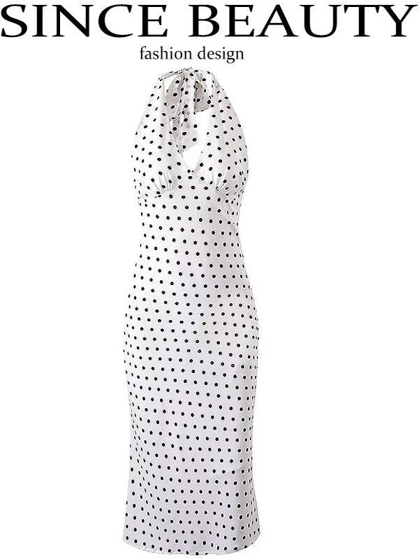 Vintage White Polka Dot Halter Neck Dress for Women - 2025 Summer Backless Style, Chic French Retro Design Vintage White Polka Dot Halter Neck Dress for Women - 2025 Summer Backless Style, Chic French Retro Design