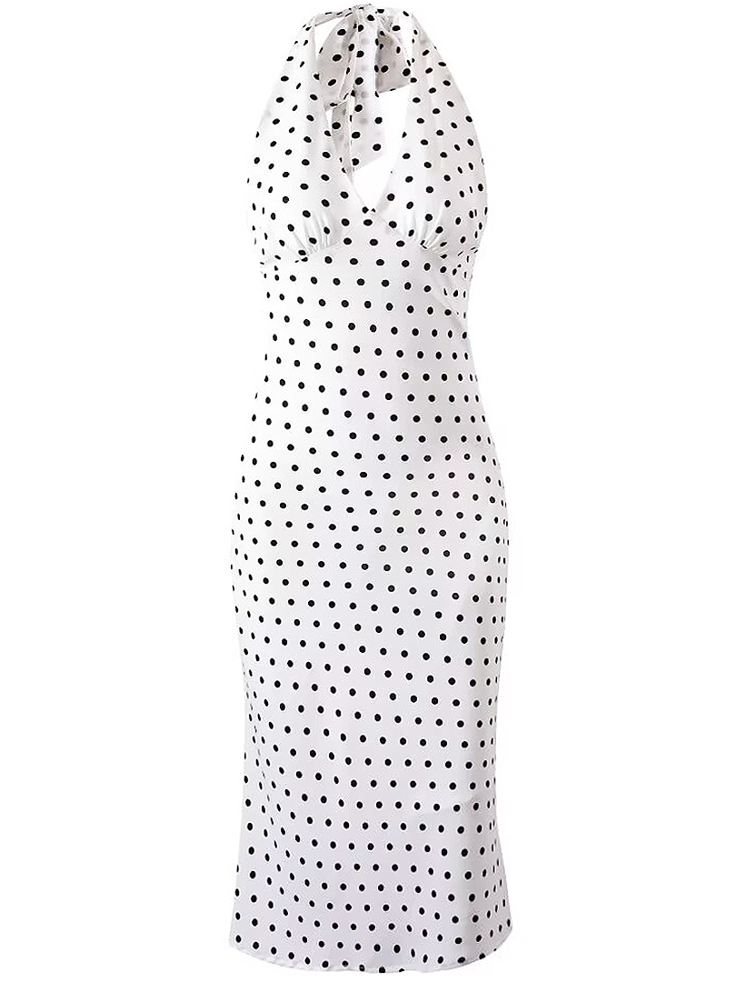 Vintage White Polka Dot Halter Neck Dress for Women - 2025 Summer Backless Style, Chic French Retro Design Vintage White Polka Dot Halter Neck Dress for Women - 2025 Summer Backless Style, Chic French Retro Design