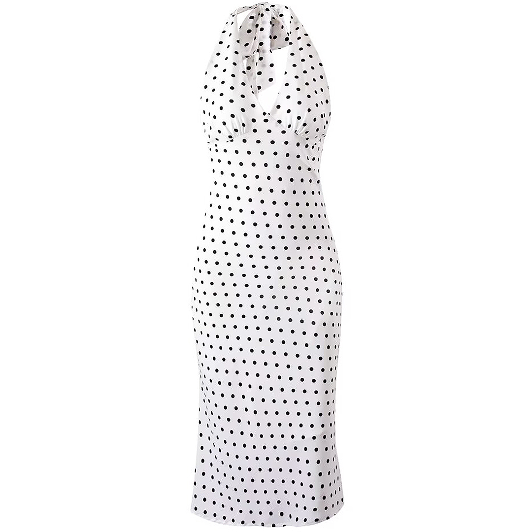 Vintage White Polka Dot Halter Neck Dress for Women - 2025 Summer Backless Style, Chic French Retro Design Vintage White Polka Dot Halter Neck Dress for Women - 2025 Summer Backless Style, Chic French Retro Design