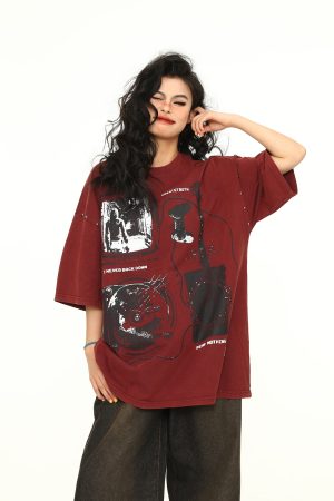 Vintage Wine Red Oversized Short-Sleeve T-Shirt for Men and Women, American Street Style Couple Top, Trendy 90s A-Zi Fashion