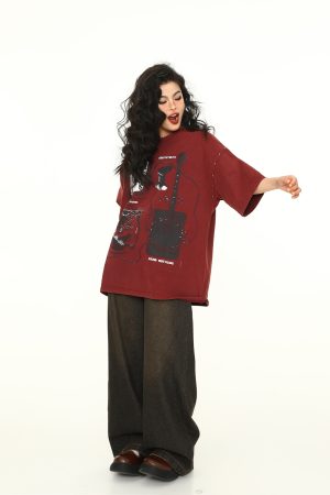Vintage Wine Red Oversized Short-Sleeve T-Shirt for Men and Women, American Street Style Couple Top, Trendy 90s A-Zi Fashion