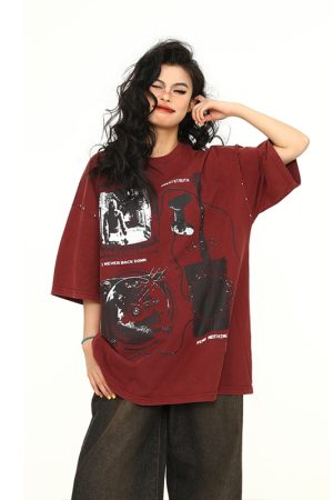Vintage Wine Red Oversized Short-Sleeve T-Shirt for Men and Women, American Street Style Couple Top, Trendy 90s A-Zi Fashion