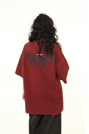 Vintage Wine Red Oversized Short-Sleeve T-Shirt for Men and Women, American Street Style Couple Top, Trendy 90s A-Zi Fashion