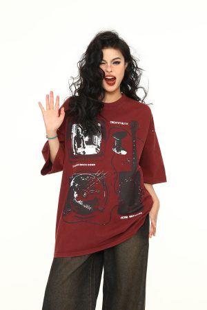 Vintage Wine Red Oversized Short-Sleeve T-Shirt for Men and Women, American Street Style Couple Top, Trendy 90s A-Zi Fashion