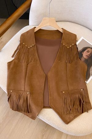 Vintage Women's Suede Vest with Studded Design and Deer Tassels - Boho Chic Outerwear for Stylish Fall Looks