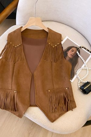 Vintage Women's Suede Vest with Studded Design and Deer Tassels - Boho Chic Outerwear for Stylish Fall Looks
