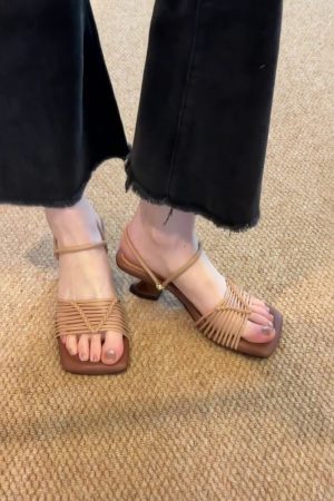 Vintage Woven One-Strap Roman Sandals for Women - Chunky Heels, Square Toe, Elegant Open-Toe, Two-Way Wear