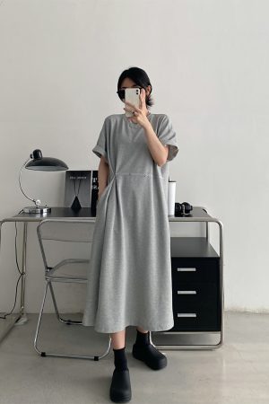 Waist-Cinching Buttoned T-Shirt Dress for Women - Casual Split Design, Short Sleeve, Loose Fit, Spring/Summer Grapefruit Style
