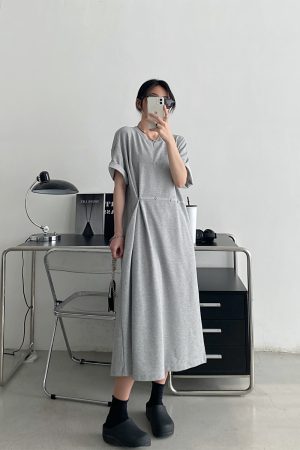 Waist-Cinching Buttoned T-Shirt Dress for Women - Casual Split Design, Short Sleeve, Loose Fit, Spring/Summer Grapefruit Style