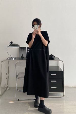 Waist-Cinching Buttoned T-Shirt Dress for Women - Casual Split Design, Short Sleeve, Loose Fit, Spring/Summer Grapefruit Style