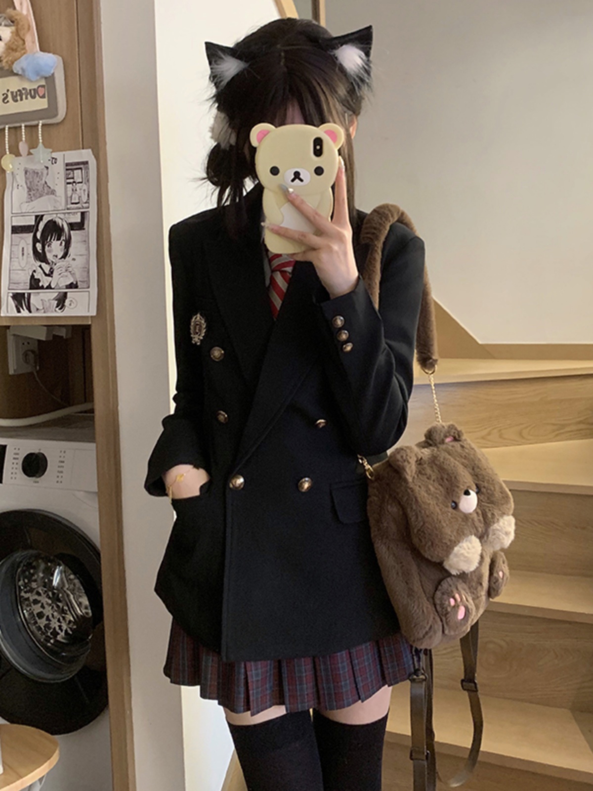 Waist-Cinching Slim Fit Pudding Bear JK Uniform Jacket - Female Academy Style 2025, Trendy Korean Style Fashion Waist-Cinching Slim Fit Pudding Bear JK Uniform Jacket - Female Academy Style 2025, Trendy Korean Style Fashion