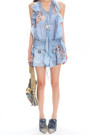 Waist-Cinching Slimming Lace Dress with Denim Print, Tulle Ribbons, and Hot Girl Style - Trendy Y2K Fashion Statement Dress