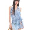 Waist-Cinching Slimming Lace Dress with Denim Print, Tulle Ribbons, and Hot Girl Style - Trendy Y2K Fashion Statement Dress