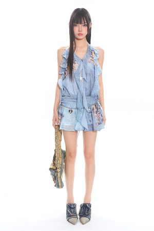 Waist-Cinching Slimming Lace Dress with Denim Print, Tulle Ribbons, and Hot Girl Style - Trendy Y2K Fashion Statement Dress
