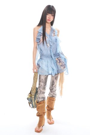 Waist-Cinching Slimming Lace Dress with Denim Print, Tulle Ribbons, and Hot Girl Style - Trendy Y2K Fashion Statement Dress