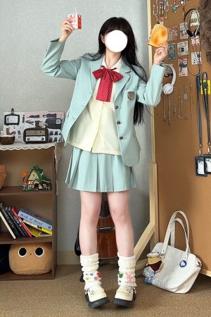 Waist-Defined Blazer Set in Ice Moss - Women's JK Uniform Style for Spring College Looks - Trendy Pudding Bear Design