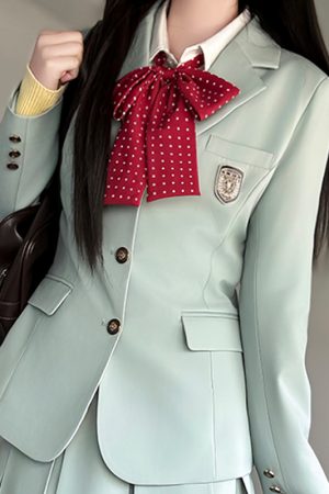 Waist-Defined Blazer Set in Ice Moss - Women's JK Uniform Style for Spring College Looks - Trendy Pudding Bear Design