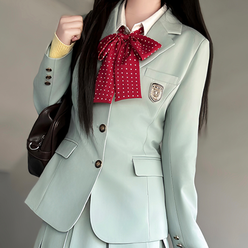 Waist-Defined Blazer Set in Ice Moss - Women's JK Uniform Style for Spring College Looks - Trendy Pudding Bear Design Waist-Defined Blazer Set in Ice Moss - Women's JK Uniform Style for Spring College Looks - Trendy Pudding Bear Design