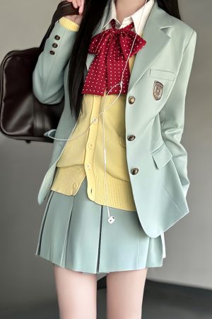 Waist-Defined Blazer Set in Ice Moss - Women's JK Uniform Style for Spring College Looks - Trendy Pudding Bear Design